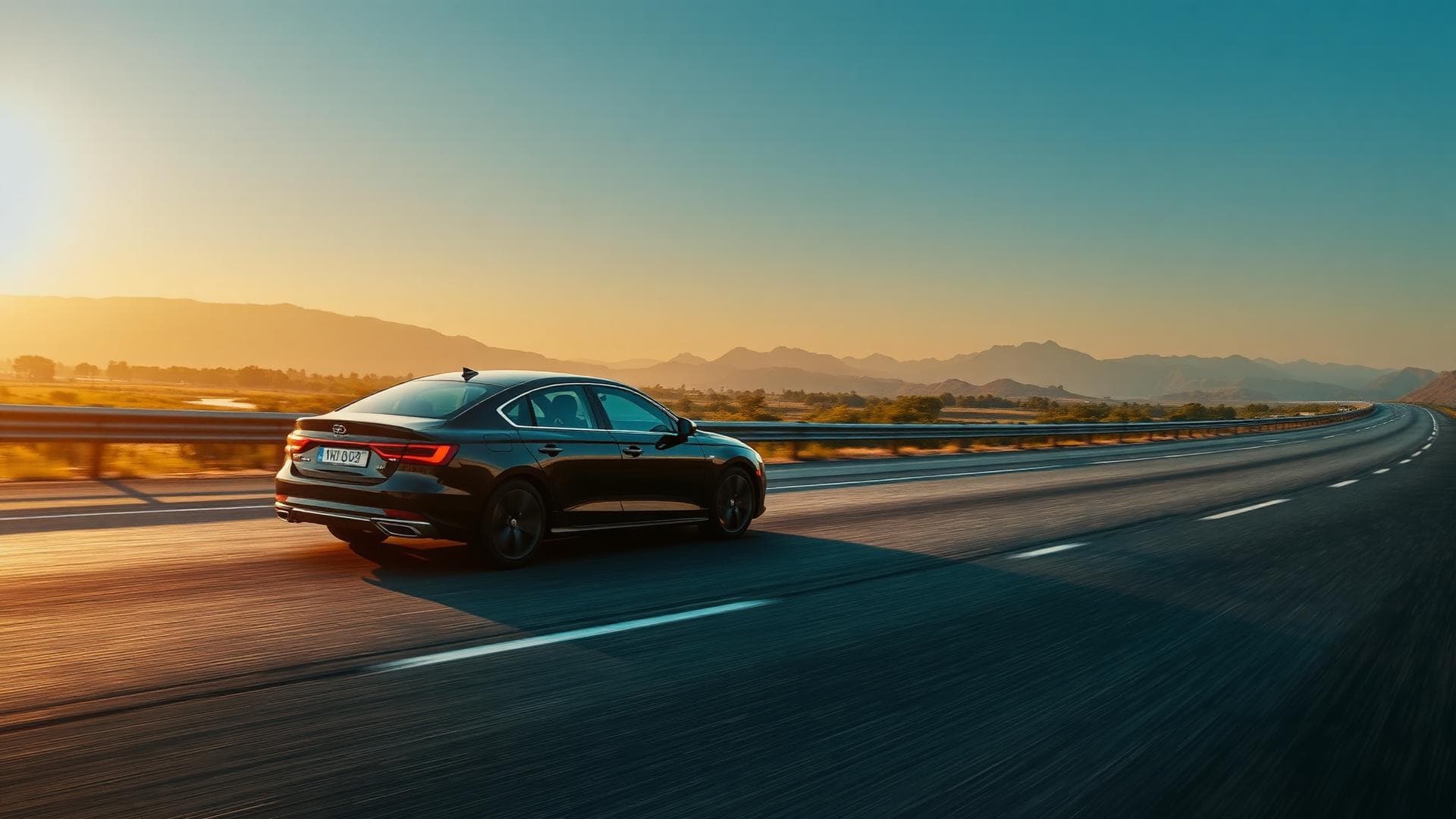 Premium sedan on a scenic Indian highway at golden hour