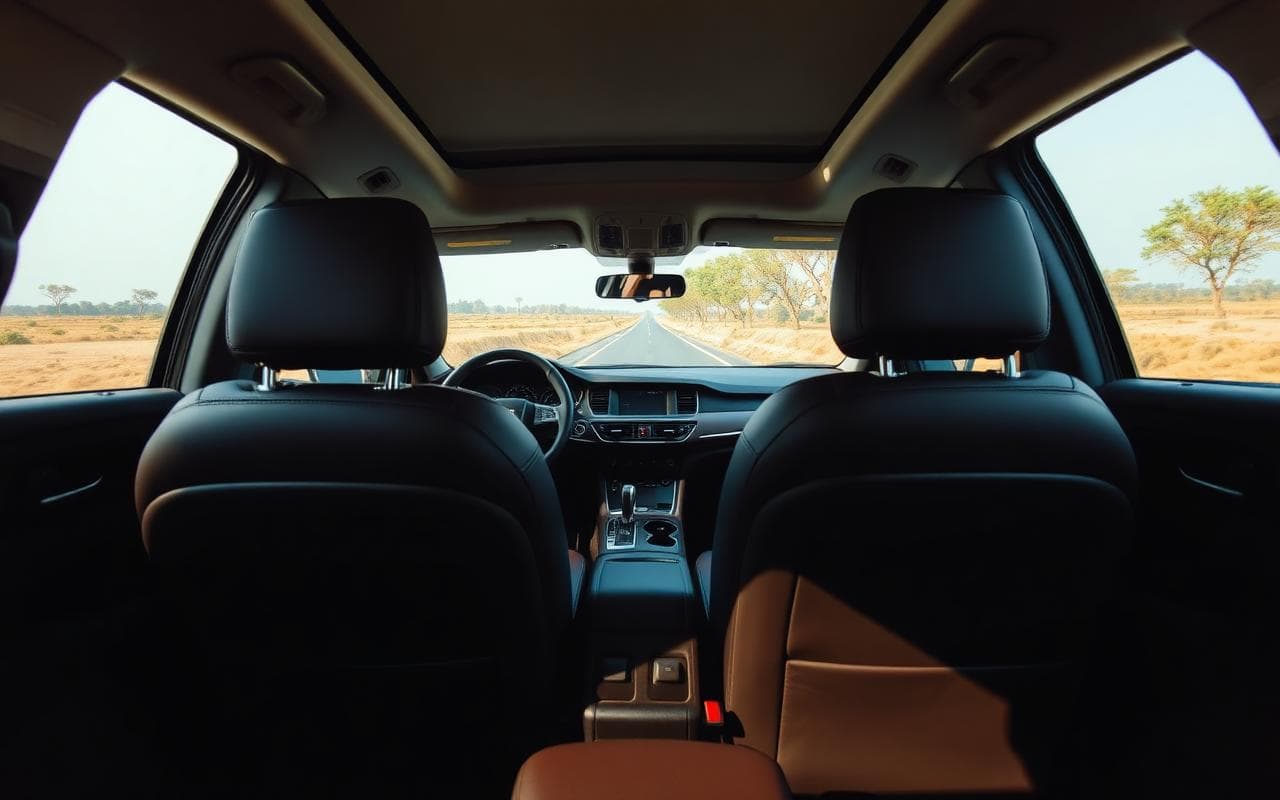 Premium clean interior of an SUV with leather seats and open road view